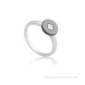 White Silver Ring With Black Round Ceramic , Zircon Stone C